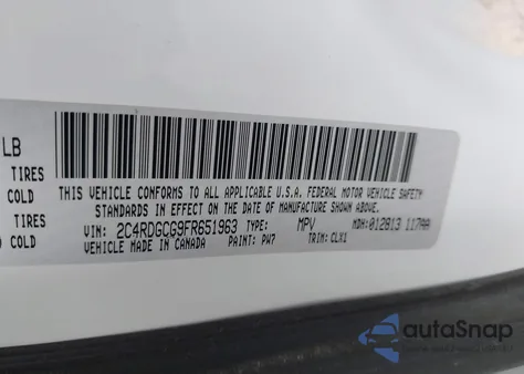 2015 Dodge Grand Caravan Sxt Plus from USA, damaged, VIN 2C4RDGCG9FR651963